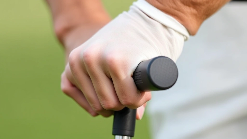 Close-up of hands showing correct golf grip on club with relaxed finger positioning and proper alignment