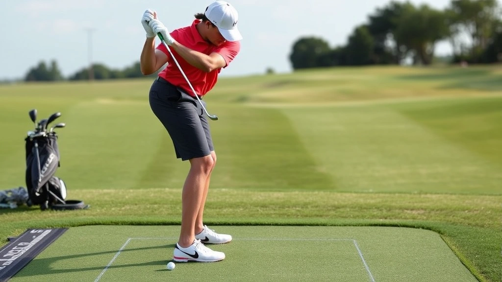 Golfer in athletic stance at address position showing proper posture, knee flex, and weight distribution on practice range