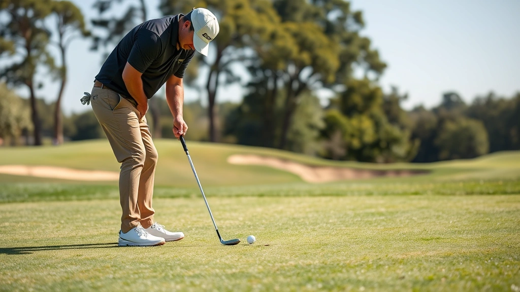 Golfer practicing short game with focus on chipping technique near green with practice targets visible