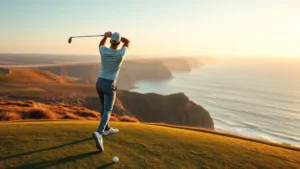 Professional golfer mid-swing on coastal golf course with ocean cliffs and blue water in background, golden sunlight, dramatic elevation, no text visible