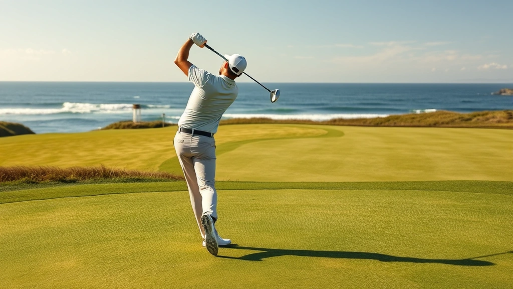 Golfer in mid-swing on lush fairway with ocean view in background, professional posture and form, natural sunlight, photorealistic