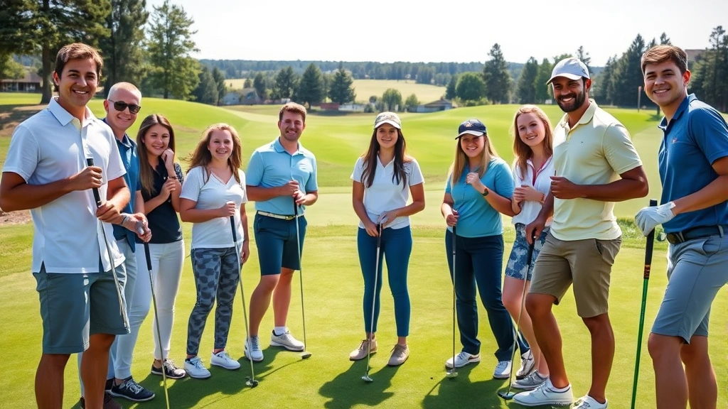 Diverse group of students on a golf course green, smiling and engaged, holding putters, natural sunlight, scenic fairway background, professional photography