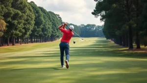 Professional golfer in mid-swing on a championship golf course fairway with manicured grass, trees lining the course, and distant green visible, realistic photography style