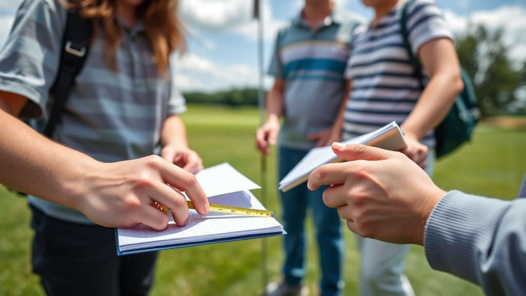 Close-up of students' hands measuring distances on golf course with measuring tools and notebooks, focused learning environment, natural outdoor setting, educational documentation
