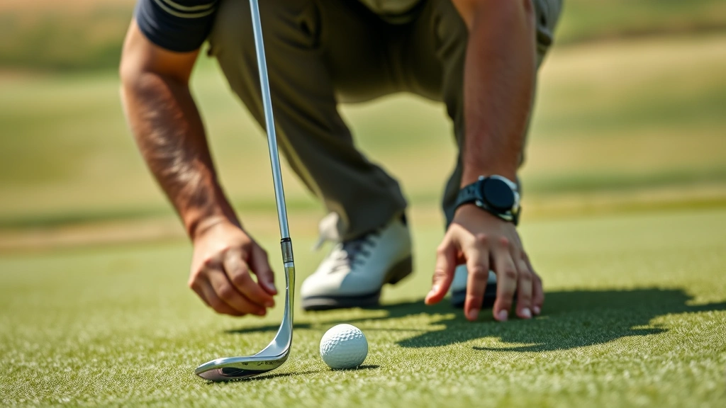 Golfer analyzing putting green with focus and concentration, examining slope contours, bent grass texture visible, natural daylight, realistic sports photography