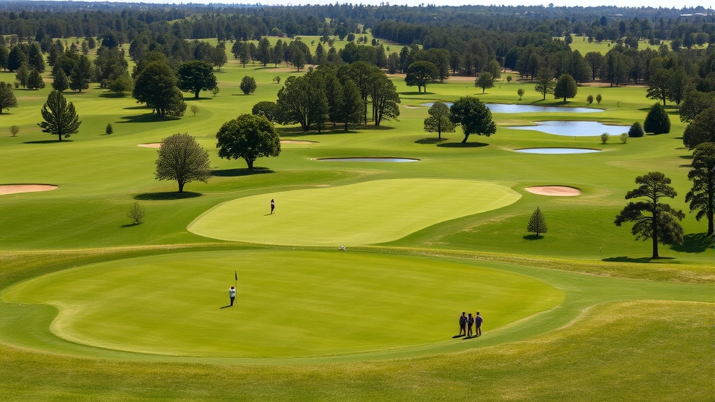 Wide landscape view of a championship golf course with students walking between holes, trees and water features visible, sunny day, sustainable landscape management visible