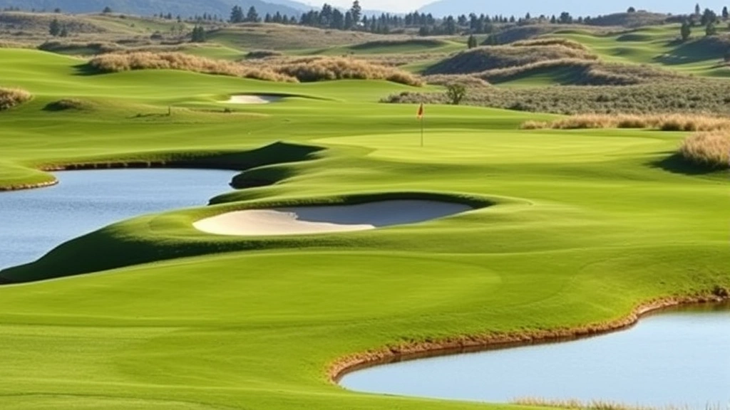 Golf course landscape showing water hazard, strategic bunker placement, undulating terrain, manicured fairway, and pin flag on distant green, scenic course design