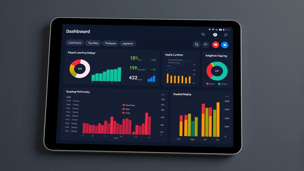 Digital learning dashboard displaying colorful progress charts, adaptive learning pathways, and student performance metrics on a tablet screen, modern interface design