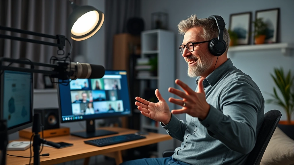 Online instructor recording interactive video content in a home studio with professional lighting, microphone setup, and smiling while gesturing to explain concepts