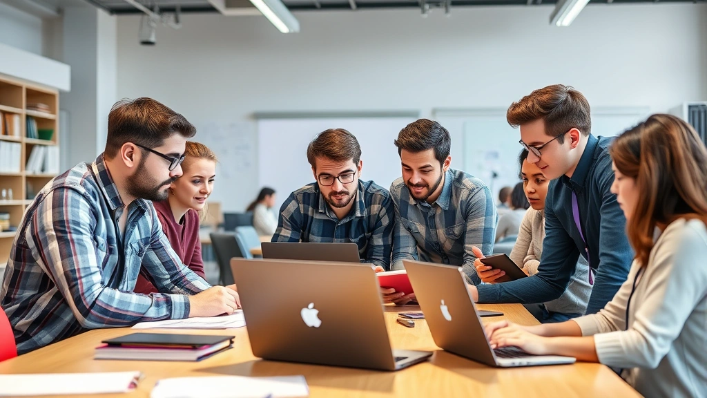 Group of engineering students collaborating on project at table with laptops and notebooks, diverse team engaged in discussion, bright classroom or study space, visible course materials