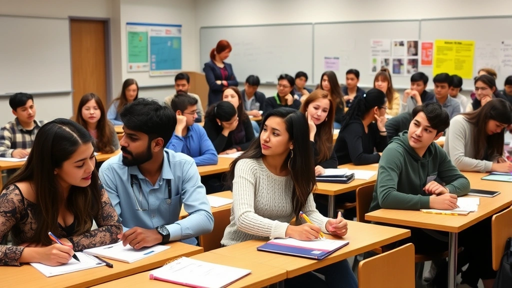Diverse group of college students in classroom sitting at desks taking notes during lecture, instructor visible at front of room, engaged learning atmosphere with whiteboards and educational materials in background