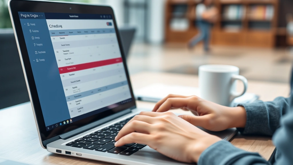 Close-up of a student's hands typing on a laptop keyboard while viewing course schedule on screen, cup of coffee nearby on desk, focused expression, university setting background slightly blurred, professional educational environment, photorealistic