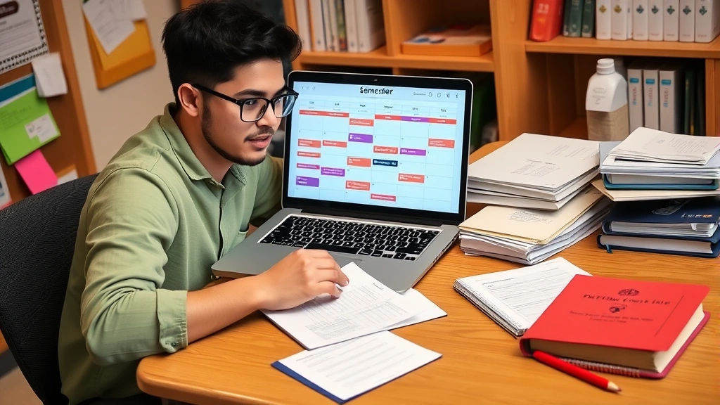 Student using laptop at desk planning semester schedule, colorful calendar and course materials visible, focused expression, organized study space with notebooks and planning documents
