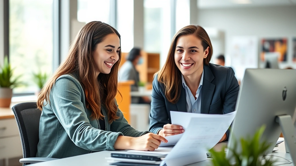 A student meeting with an academic advisor in a bright campus office, both looking at documents and computer screen together, friendly professional interaction, natural lighting, diverse representation, photorealistic