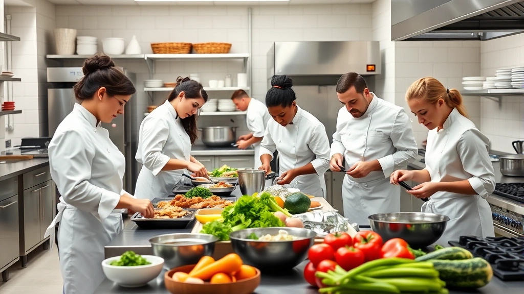 Diverse group of culinary students in white chef coats working together at different cooking stations in a spacious training kitchen with organized ingredients and fresh produce