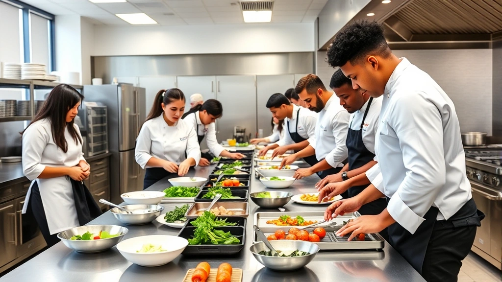 Diverse culinary students in white chef coats and black pants working together at prep stations in modern culinary school kitchen, focused on food preparation, professional environment