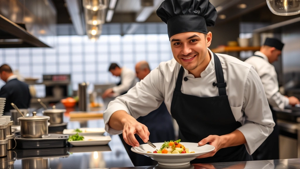 Culinary graduate in professional chef attire confidently plating a sophisticated dish in a high-end restaurant kitchen with other chefs working in the background