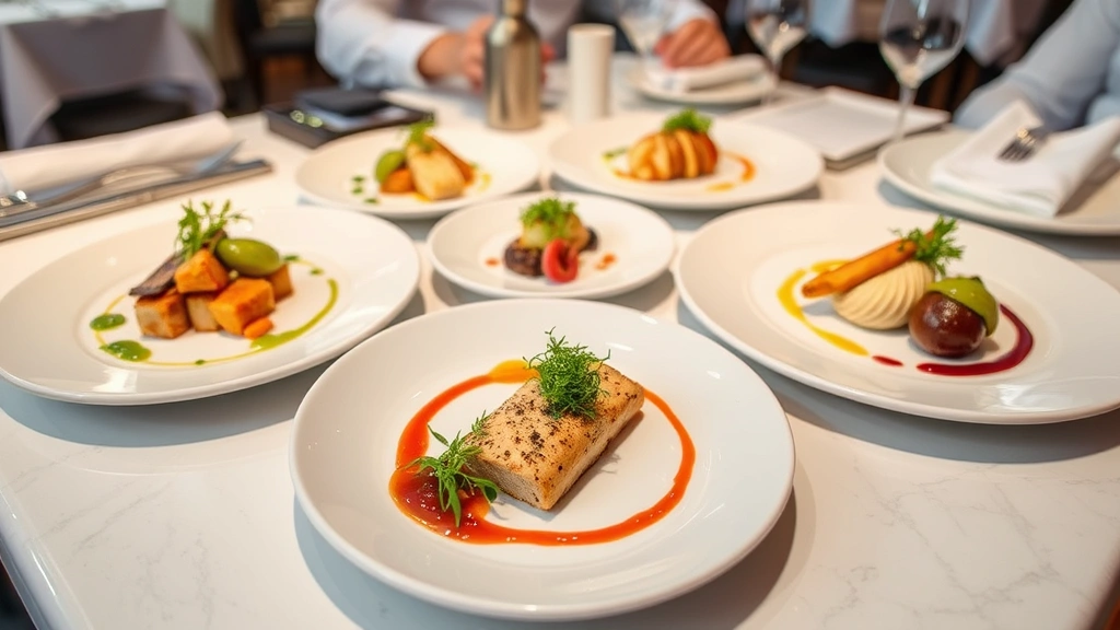 Finished plated dishes showcasing fine dining presentation, multiple courses arranged on white plates with microgreens and sauce, restaurant table setting with napkins and utensils, professional photography lighting