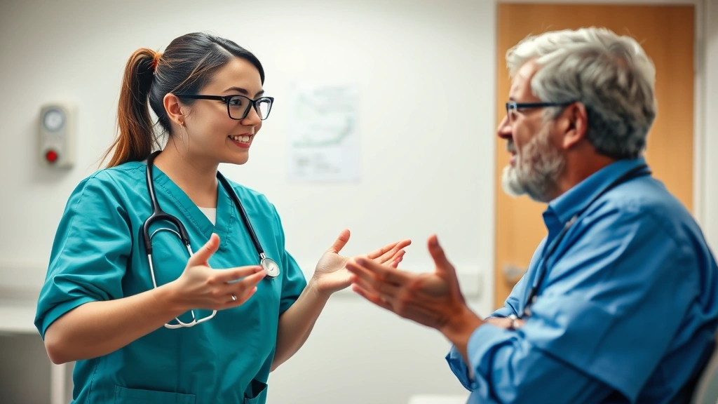 Professional healthcare worker demonstrating calm, confident body language while speaking with an agitated patient in a clinical setting, showing de-escalation communication techniques in action