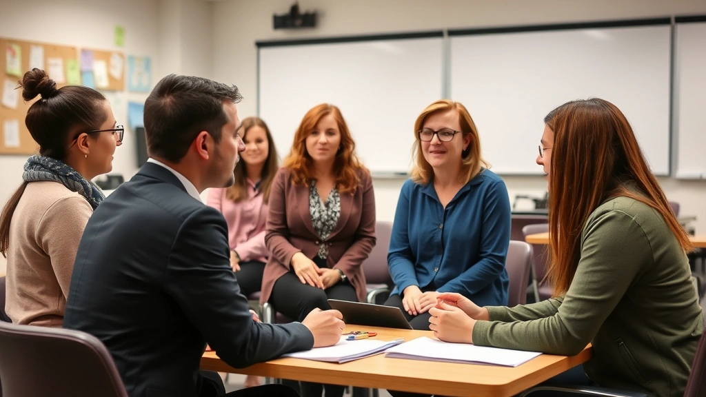 Diverse group of educators practicing role-play scenario in training environment, demonstrating active listening and respectful interaction techniques