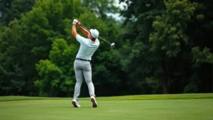 A golfer mid-swing on a fairway with lush green grass and trees in background, professional form and concentration visible