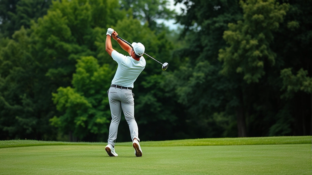 A golfer mid-swing on a fairway with lush green grass and trees in background, professional form and concentration visible