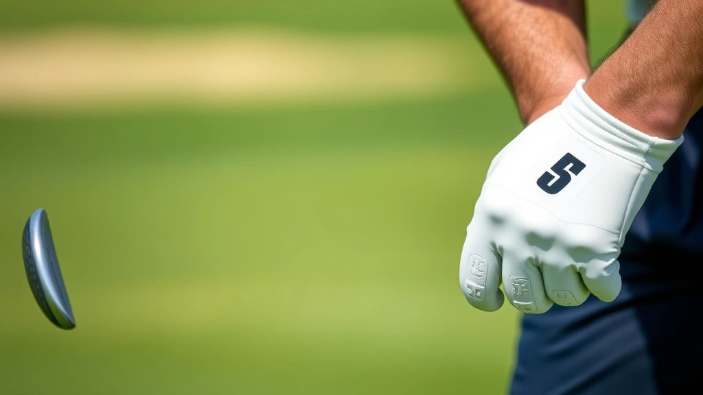 Close-up of golfer's hands gripping club at address position with focused expression, blurred green fairway background, natural daylight