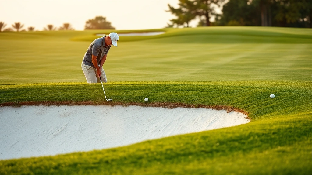 Golfer chipping from sand bunker near green with concentration, pristine white sand, manicured green grass, professional course setting