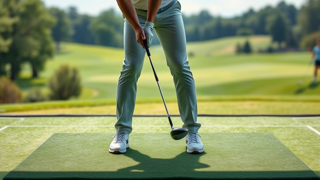 Golfer in proper athletic stance on practice range, feet shoulder-width apart, relaxed posture, holding driver club, green fairway background, natural daylight, professional golfer demonstrating correct form