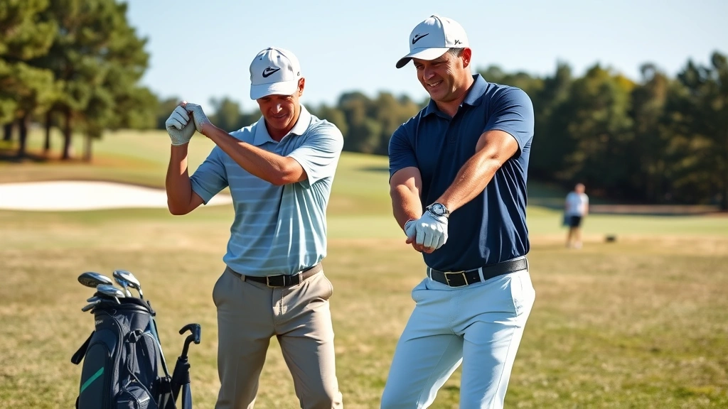 Professional golf instructor demonstrating proper swing technique outdoors with student golfer on fairway, natural sunlight, focused concentration on form