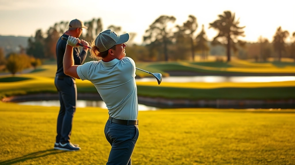 Professional golfer mid-swing on scenic golf course with water hazard visible, golden hour sunlight, focused expression, manicured fairway and trees in background