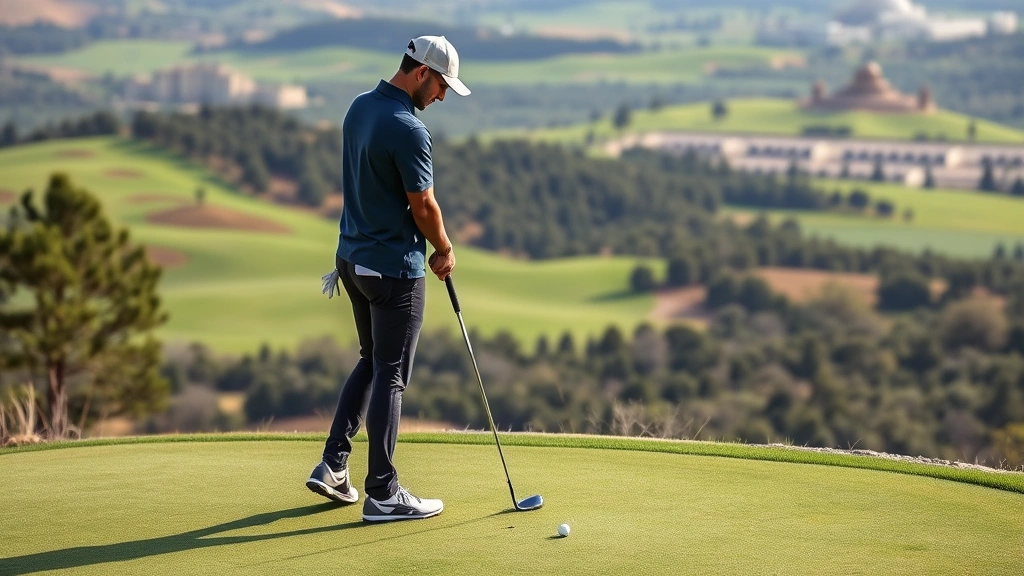 Golfer in putting stance on elevated green overlooking landscape, calm concentration, demonstrating proper posture and alignment for distance control, scenic course setting