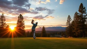 Golfer mid-swing on tree-lined fairway at sunset with distant mountains, high elevation Colorado landscape, natural lighting