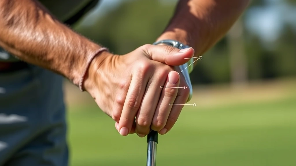 Professional golfer demonstrating proper grip positioning on golf club, showing hand placement and finger positioning with clear detail of grip pressure, outdoor golf setting with natural lighting