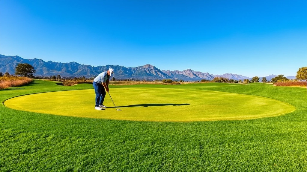 Golfer chipping near bunker with manicured green, mountains visible background, clear blue sky, professional course conditions