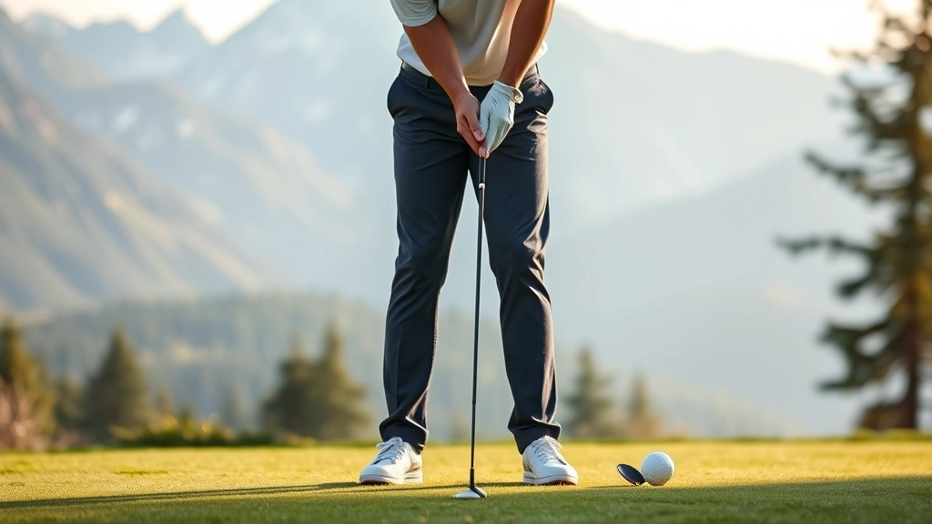 Golfer at address position showing proper stance alignment with feet shoulder-width apart, parallel to target line, balanced posture, mountain landscape background, morning light