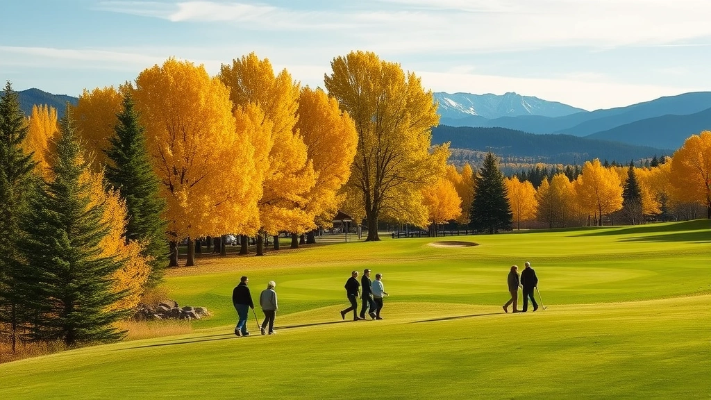 Group of golfers walking fairway with autumn foliage, golden cottonwood trees, mountain vista, pleasant fall golf day