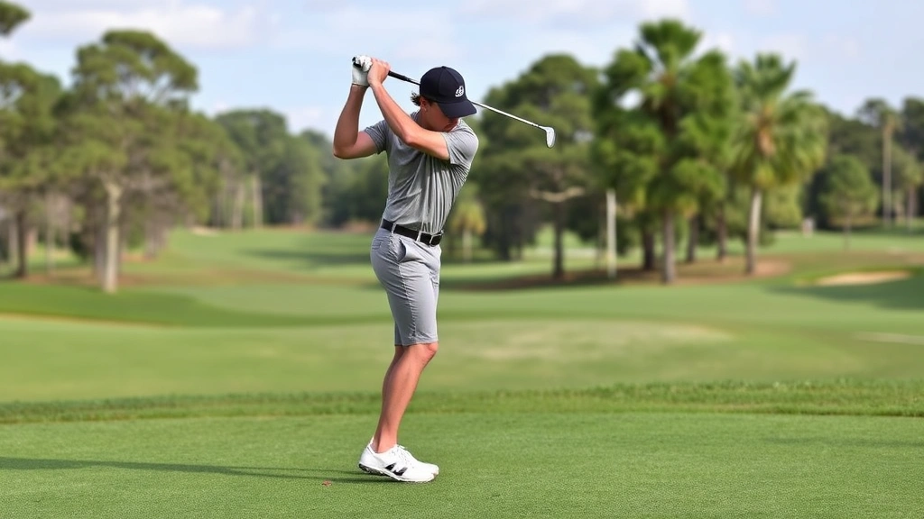 Golfer completing follow-through position after impact, body fully rotated toward target, balanced on lead leg, club finishing high across shoulders, scenic course background with trees and grass