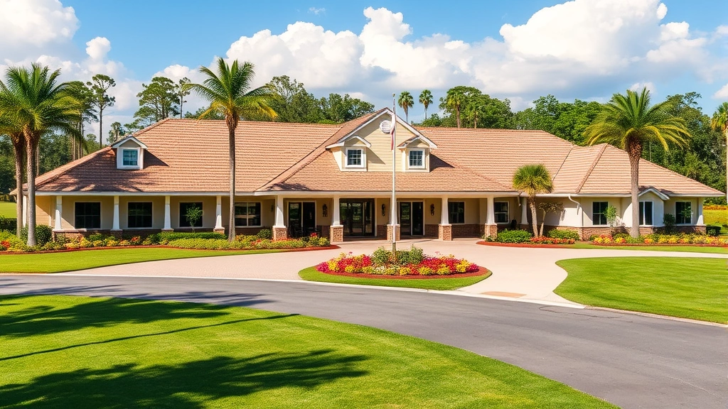 Clubhouse exterior with manicured grounds, golf course entrance, landscaped gardens, professional golf facility architecture, welcoming resort atmosphere, sunny Florida day