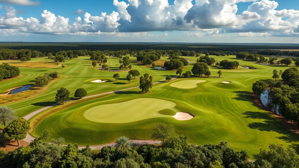 Elevated view of championship golf course with multiple fairways winding through native Florida landscape, pristine greens, strategically placed sand bunkers, water features, mature trees, bright sunny day with dramatic clouds