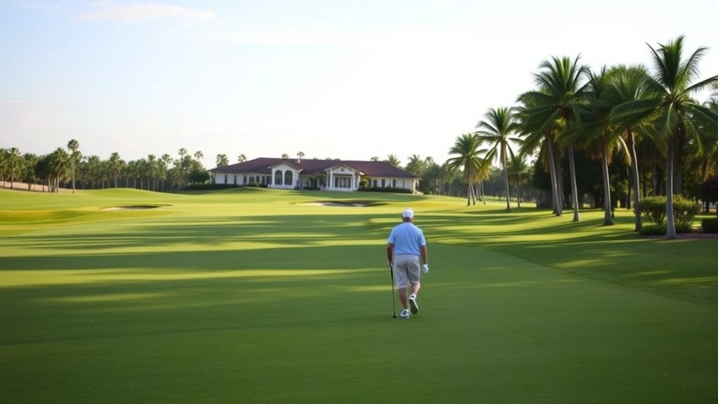 Golfers walking on pristine fairway toward green with clubhouse and pro shop visible in distance, well-maintained landscape, Florida palm trees, clear visibility of course routing, professional golf resort atmosphere