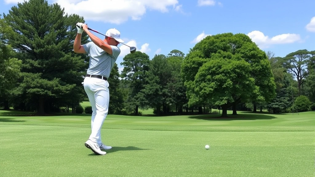 A golfer in mid-swing showing proper posture and stance position with a driver, demonstrating balanced athletic form on a fairway with trees and blue sky visible