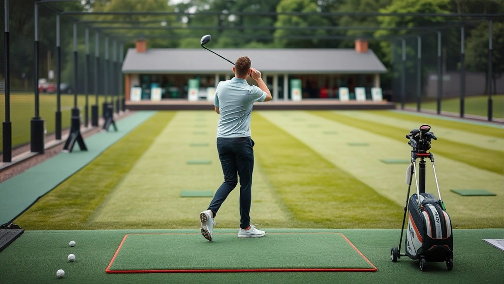 Beginner golfer practicing on driving range with target greens, multiple distance markers visible, practice balls scattered, pro shop building in soft focus background