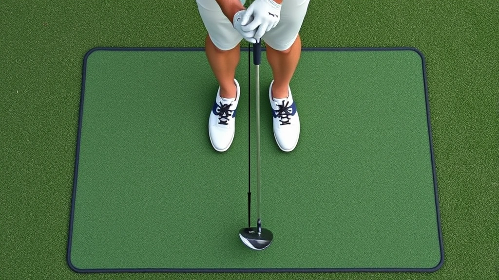 An overhead view of a golfer standing at address position on a practice mat, showing correct foot alignment and body positioning for full swing setup