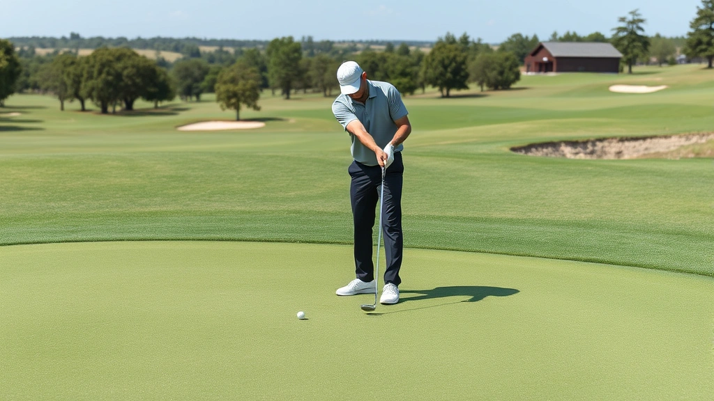 New golfer standing on putting green practicing various distances, concentrated expression, well-maintained green with slight undulation, golf course landscape in background