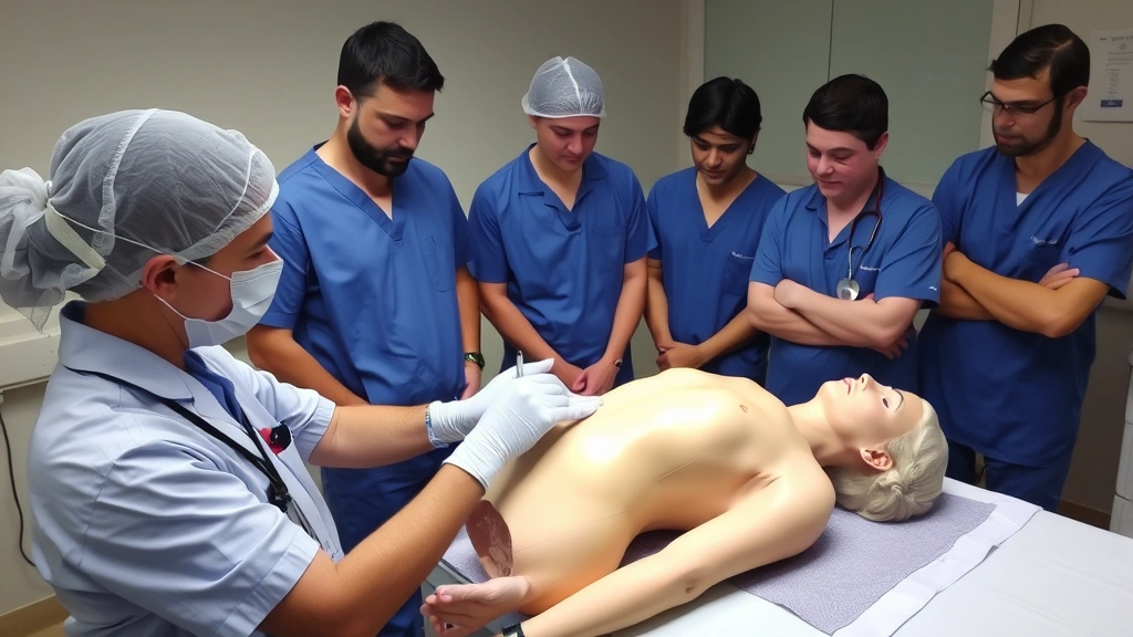 Healthcare professional teaching dry needling technique to students in clinical training environment, demonstrating needle handling and safety protocols on anatomical model with multiple observers