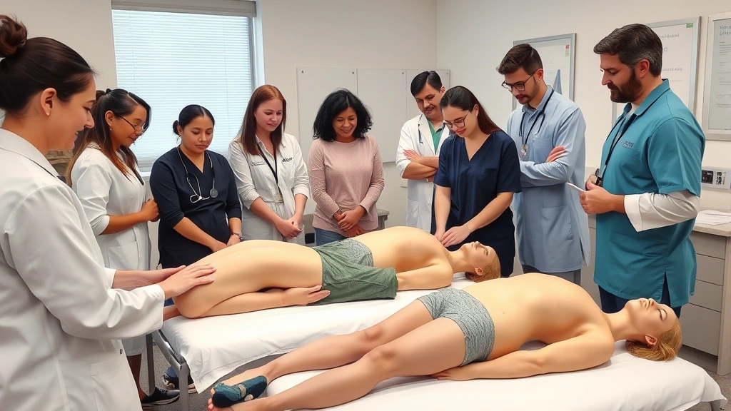 Diverse group of healthcare practitioners in clinical setting demonstrating dry needling techniques on training models, collaborative learning environment, professional medical education in progress