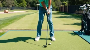 A golfer in proper stance position on a practice range with multiple golf clubs arranged, demonstrating fundamental setup and posture mechanics in natural daylight