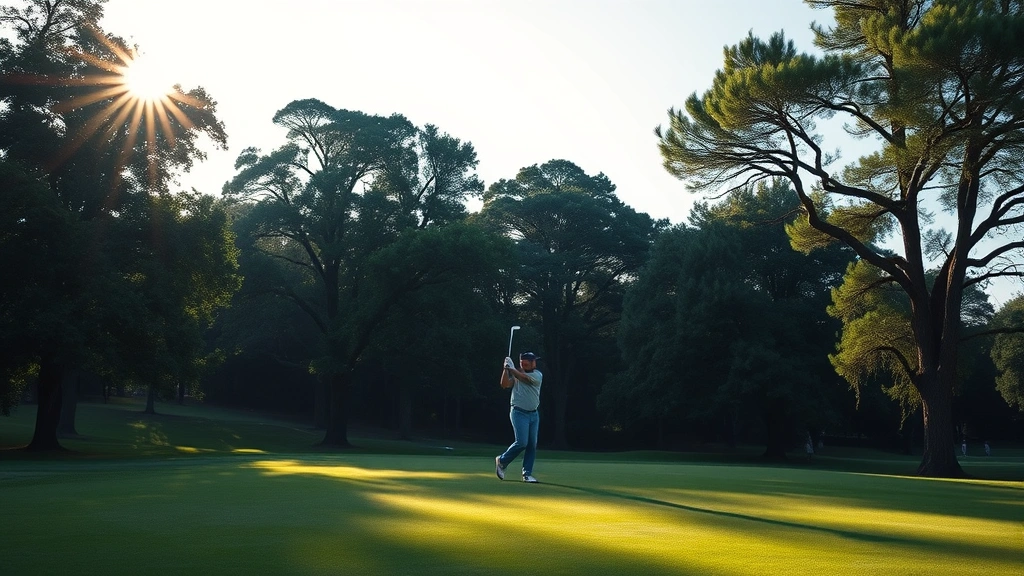 Golfer teeing off on a scenic fairway surrounded by mature trees with morning sunlight filtering through branches, professional golf course with manicured grass, no people visible in background, wide angle view of course landscape