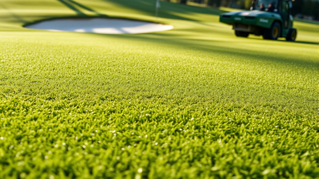 Close-up of pristine green with subtle contours and shadows, morning dew on putting surface, bunker visible in background, professional course maintenance equipment nearby, natural lighting highlighting green texture